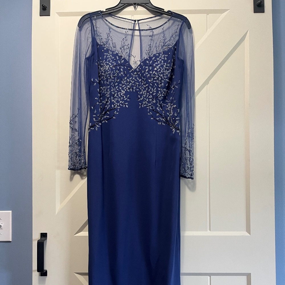 Navy Blue Beaded Long-Sleeve Formal Gown